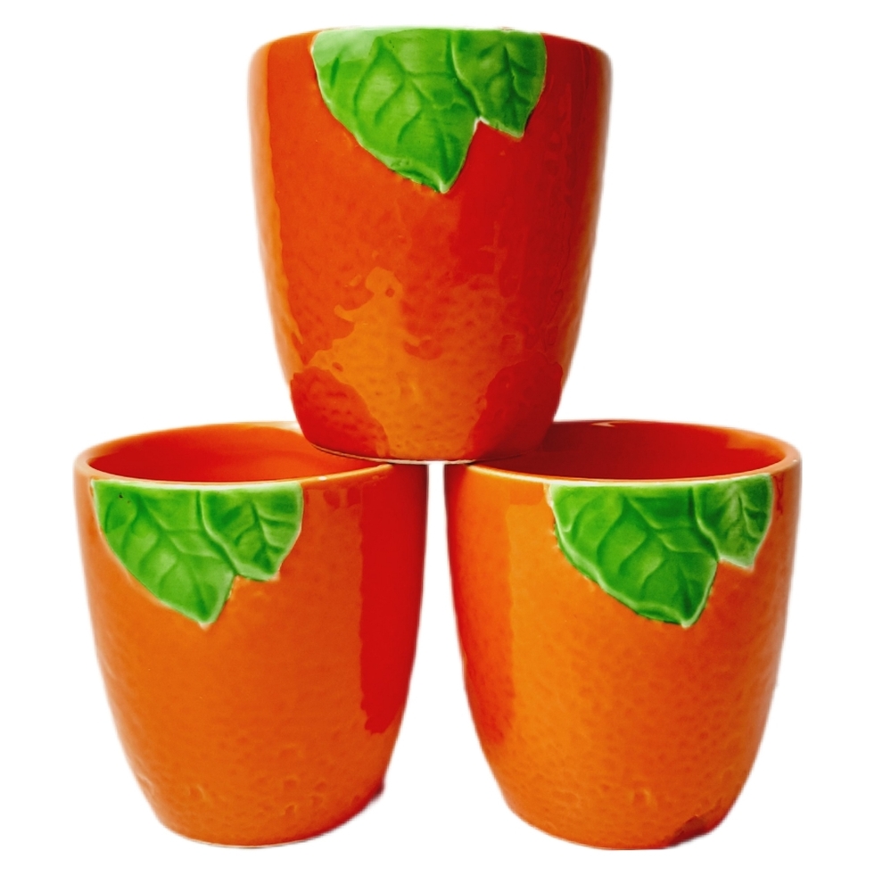 🍒 VINTAGE Japan Set of 3 Majolica Figural Orange Fruit Mugs Cups